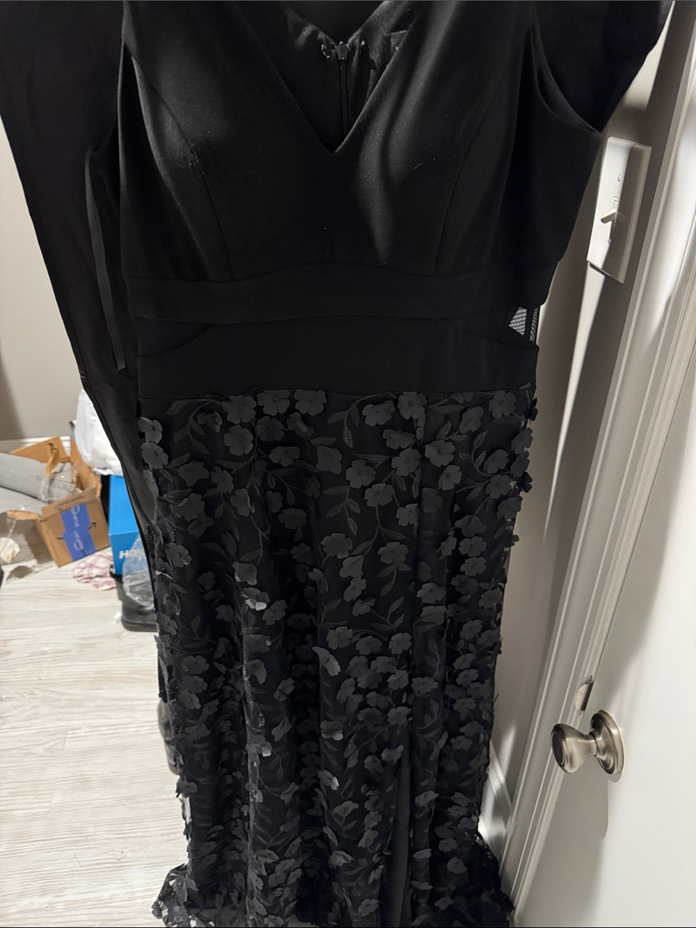 Xscape Black Floral Appliqué Evening Dress